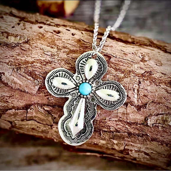 New Sterling Silver Handmade Natural Turquoise Religious Catholic Cross Necklace - Picture 10 of 14